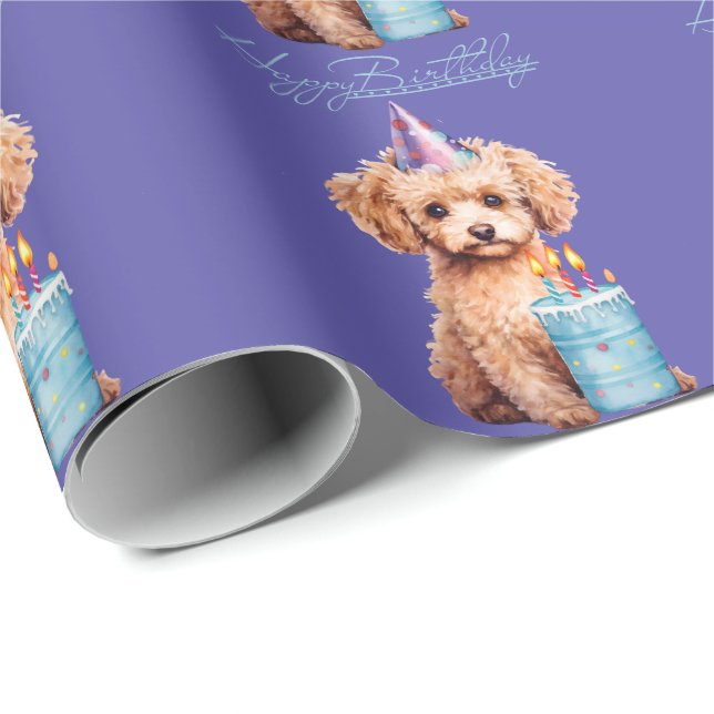 Papel De Presente Poodle Feliz de Aniversário com o Chapéu do Partid (Ponta do rolo)