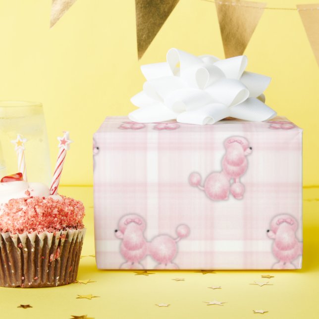 Papel De Presente Poodles Franceses Rosa Na Xadrez (Festa de aniversário)