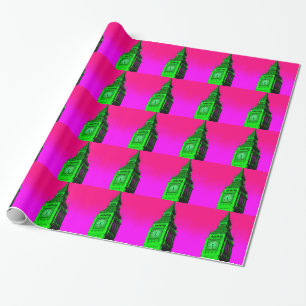 Papel De Presente Pop Art Big Ben London Viagem cor-de-rosa verde