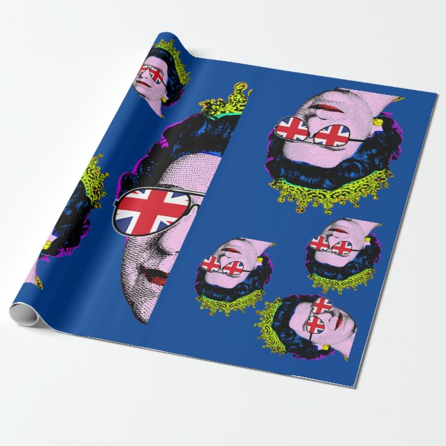 Papel De Presente Pop art Modern HM Queen com óculos Union Jack  (Desenrolado)