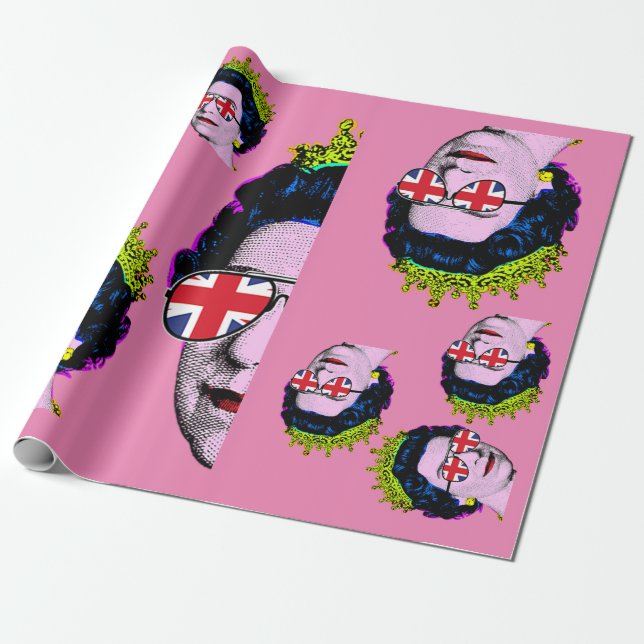 Papel De Presente Pop art Modern HM Queen com óculos Union Jack (Desenrolado)