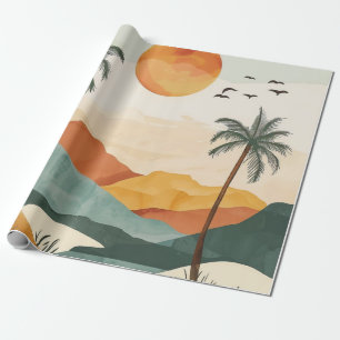 Papel De Presente Pôr do Sol Tropical Retro Laranja Dourado na Monta