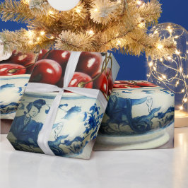 Papel De Presente Porcelana Azul e Cerejas