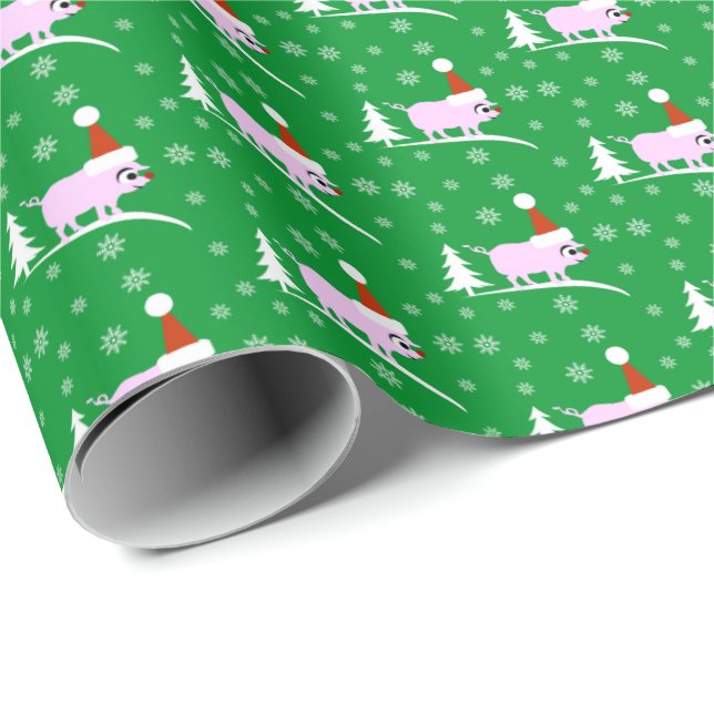 Papel De Presente Porco de Natal com Enfeite de Presente Vermelho (Ponta do rolo)