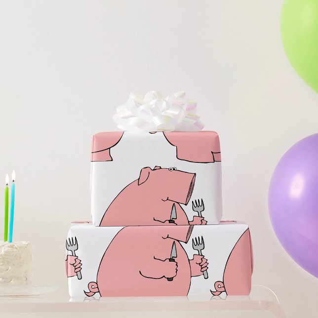 Papel De Presente Porco Hambriento Engraçado Segurando Garfo e Faca (Criador carregado)