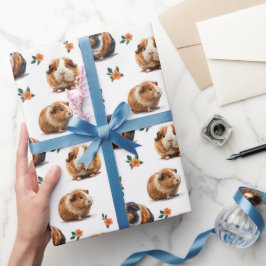 Papel De Presente Porcos-Guiné E Flores-Laranja