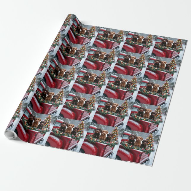 Papel De Presente Portuguese Water Dog Christmas Red Truck Holiday (Desenrolado)