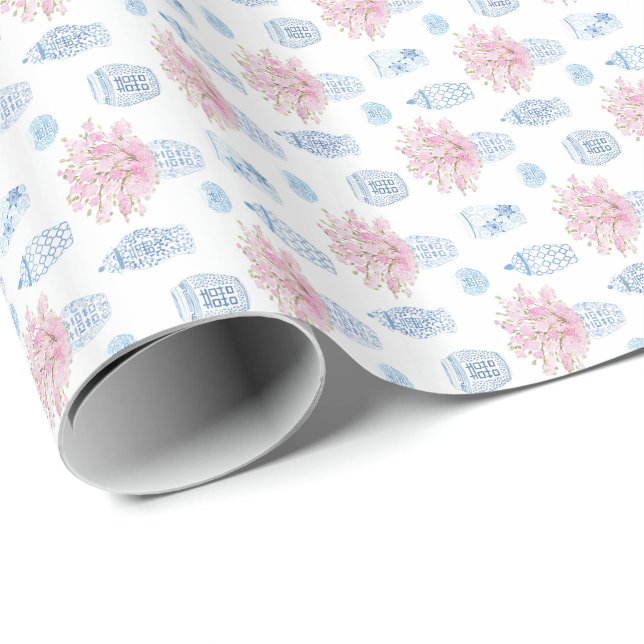Papel De Presente Potência chinesa de gengibre branca, cor-de-rosa,  (Ponta do rolo)