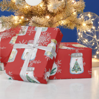 Papel De Presente Potes de Natal e Flocos de Neve Vermelhos