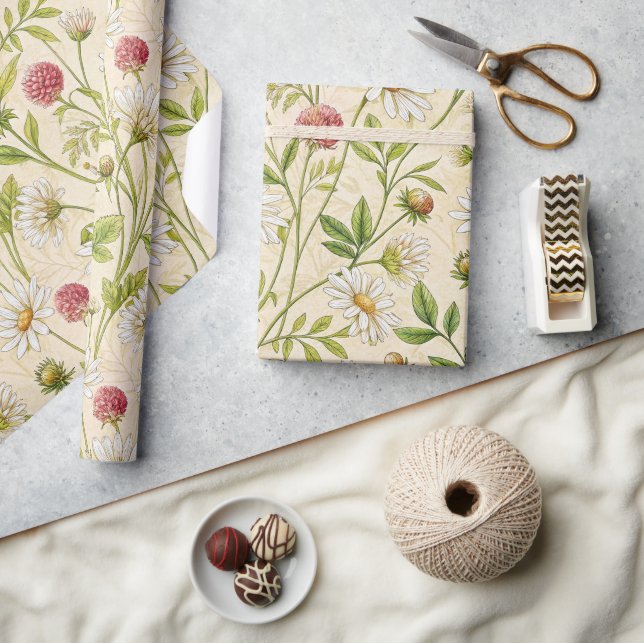 Papel De Presente Prado Boho Creme com Margaridas e Trevo (Artesanato)