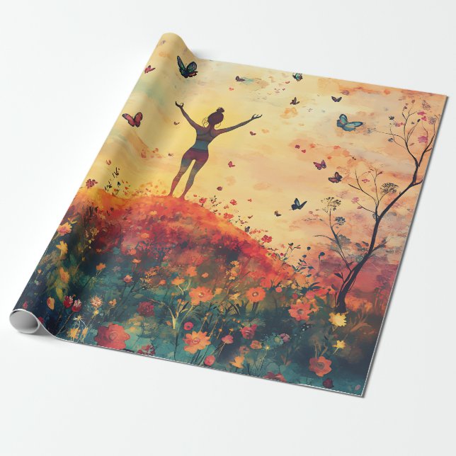 Papel De Presente Prado do Pôr do Sol Meditação com Borboletas (4) (Desenrolado)