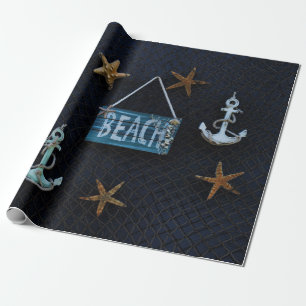 Papel De Presente Praia com estrela do mar e âncoras