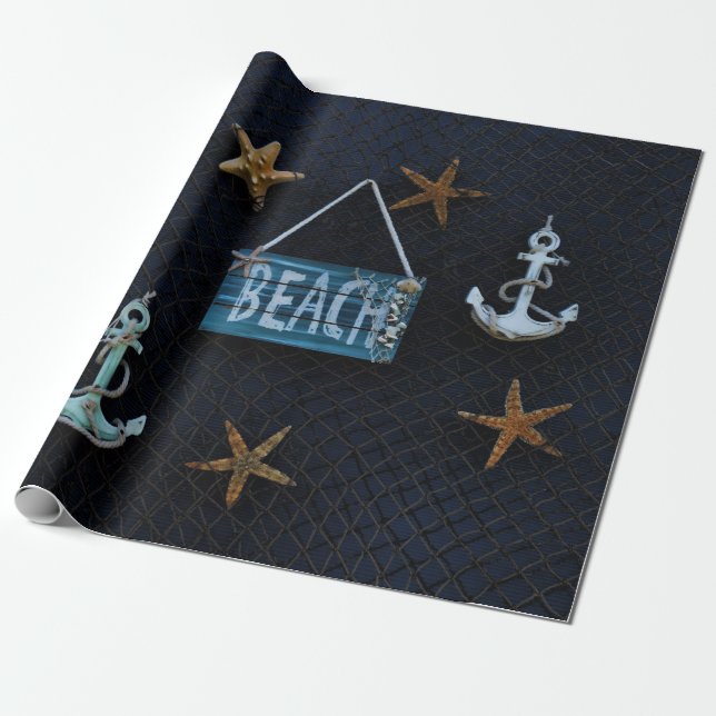 Papel De Presente Praia com estrela do mar e âncoras (Desenrolado)