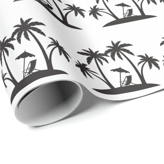 Papel De Presente Praia de festa azulejada com palmeira preta e bran (Ponta do rolo)