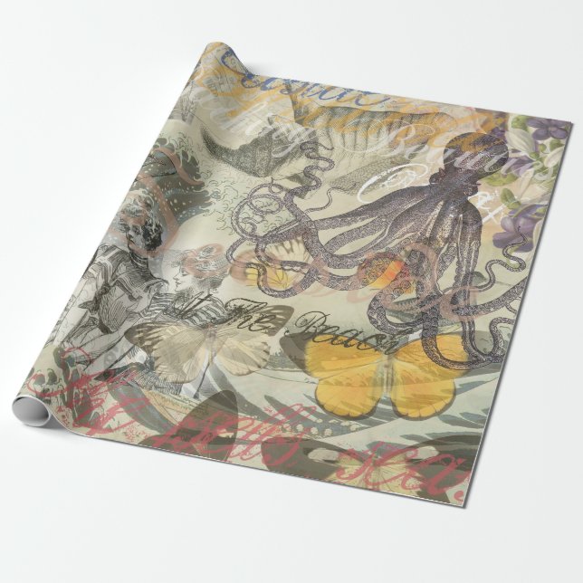 Papel De Presente Praia de polvo Antigo Estilo Costeiro Steampunk (Desenrolado)