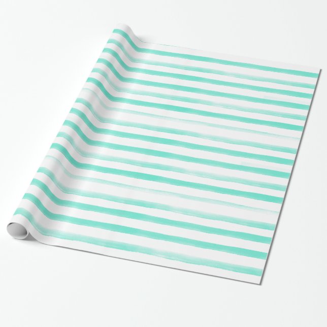 Papel De Presente Praia de Stripe de Watercolor da Mint (Desenrolado)