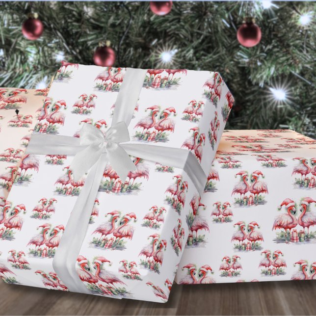 Papel De Presente Praia Natal (Festive Flamingo Beach Christmas Wrapping Paper)