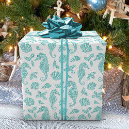 Papel De Presente Praia Natal Cavalo Glitter Aqua White