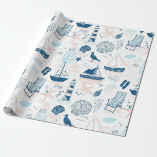 Papel De Presente Praia Náutica Verão Azul Rosa Costeiro (1)