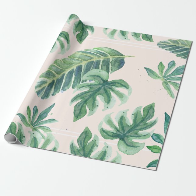 Papel De Presente Praia Tropical Blush n Green Jungle Foliage (Desenrolado)
