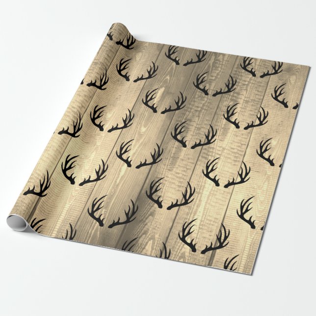 Papel De Presente Pranchas de madeira do celeiro rústico & Antlers (Desenrolado)