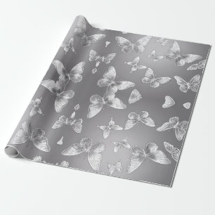 Papel De Presente Prata Borboletas Selvagens