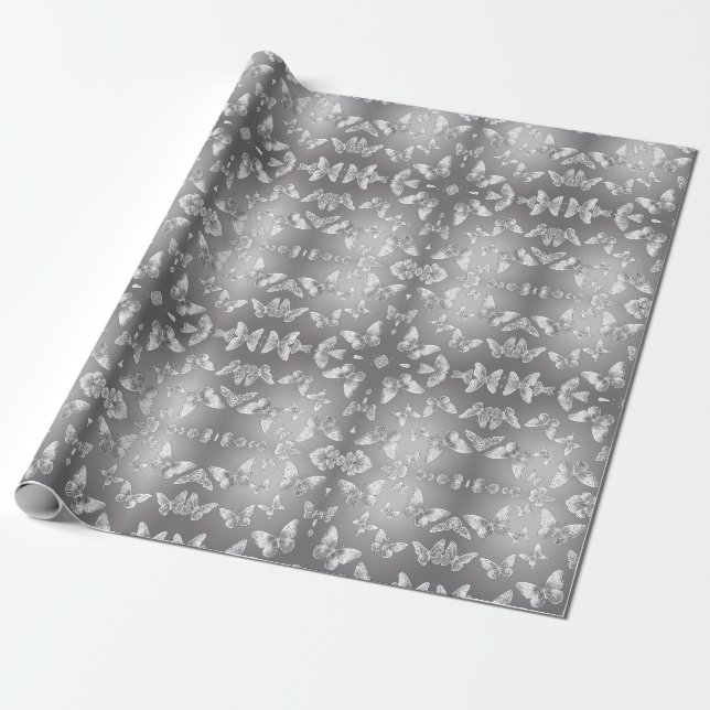 Papel De Presente Prata Borboletas Selvagens (Desenrolado)