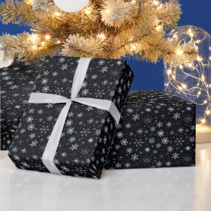 Papel De Presente Prata Branca Flocos de Neve Preto Natal