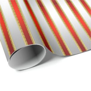 Papel De Presente Prata brilhante Elegante e Stripes Vermelhas