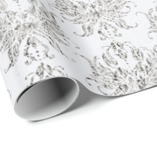Papel De Presente Prata E Damasco Branco