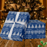Papel De Presente Prata sobre o feriado feliz Chrismukkah na Feliz a<br><div class="desc">Adicione o seu nome a esta Feliz clássica.. Feliz Chrismukkah... papel de embrulho em prata festiva e padrão azul de Menorás e árvores de Natal. Simples e divertido, este presente é a escolha perfeita para famílias misturadas que celebram tanto Chanucá quanto o Natal. Com uma trabalho de arte minimalista elegante...</div>