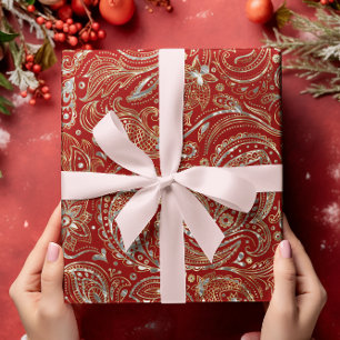 Papel De Presente Prata Vermelha Escura e Brilhante e Dourada Paisle