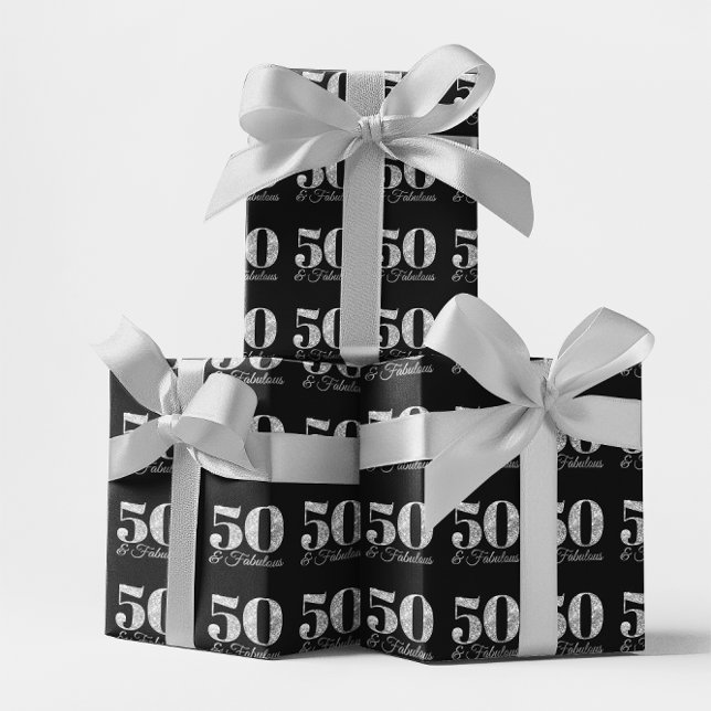 Papel De Presente Prateado Gliteroso 50 & Fabuloso em Preto (Glittery Silver 50 & Fabulous on Black Wrapping Paper)
