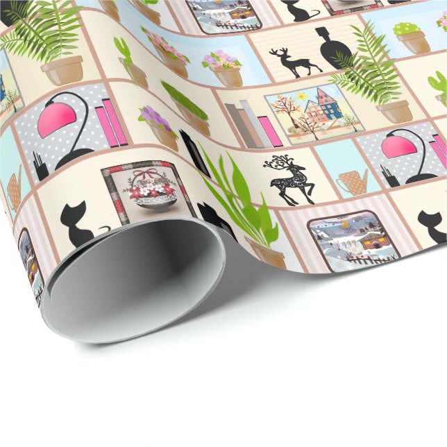 Papel De Presente Prateleiras com flores, livros e decorações (Ponta do rolo)
