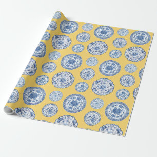 Papel De Presente Pratos Azul Chinês Vintage Para Qualquer Ocasião