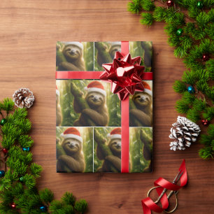 Papel De Presente Preguiça de Natal Vestindo um Chapéu de Papai Noel