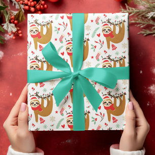 Papel De Presente Preguiças de Natal Fofas com Chapéus de Papai Noel