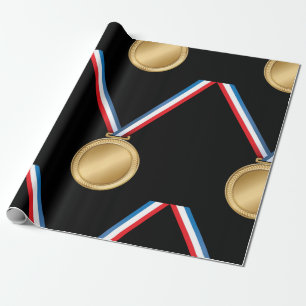 Papel De Presente Prêmio Medalha de Ouro com Fita Azul Vermelha Bran