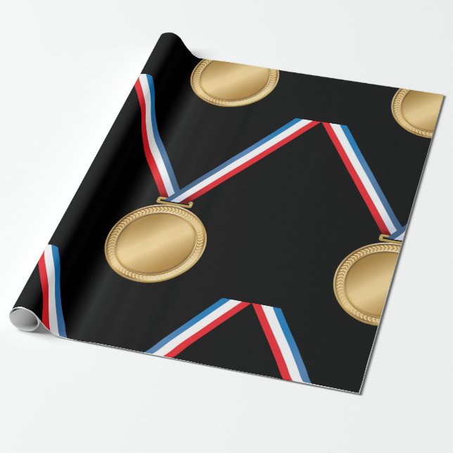 Papel De Presente Prêmio Medalha de Ouro com Fita Azul Vermelha Bran (Desenrolado)
