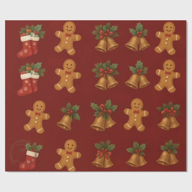 Papel De Presente Premium Christmas Wrap – Gingerbread & Bells (Aberto)