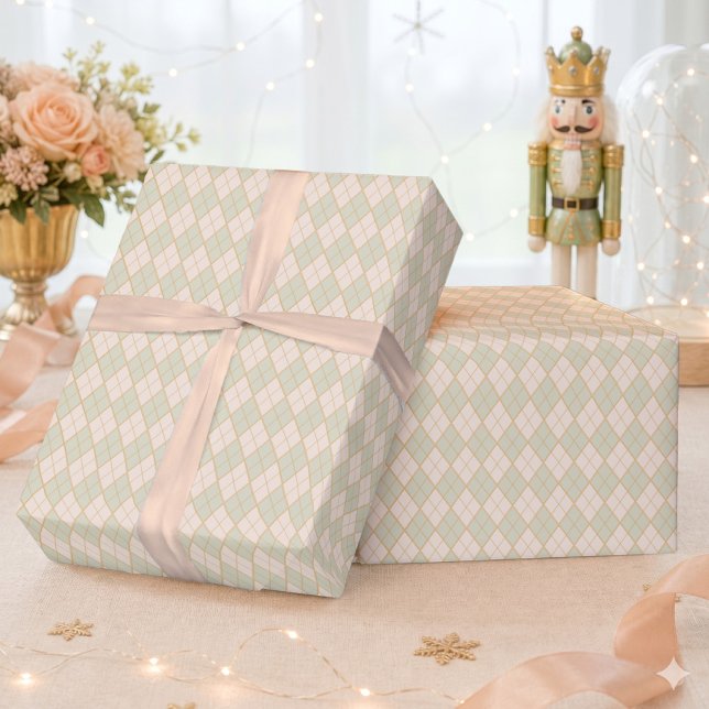 Papel De Presente Preppy Argyle Natal Pêssego Hortelã Festa  (Preppy Argyle Peach Mint Christmas Holiday Wrapping Paper)
