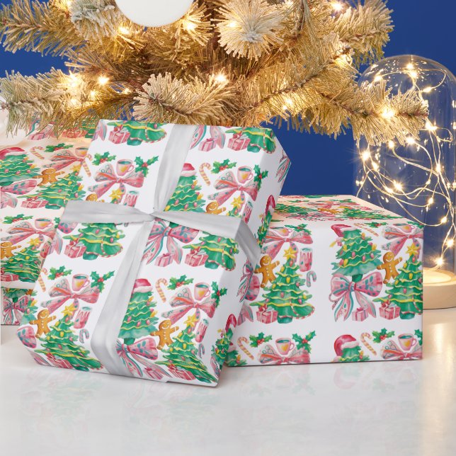 Papel De Presente Preppy Christmas Tree Bow Pink Blue Coquette (Feriados)
