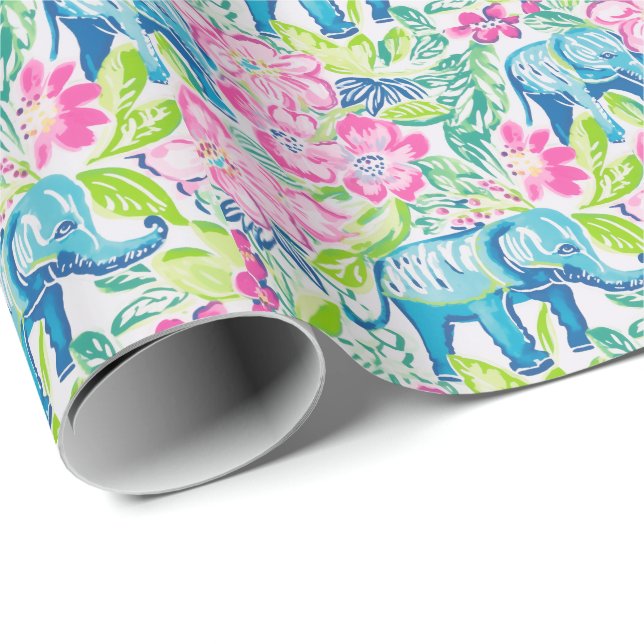 Papel De Presente Preppy Palm Beach Impressão Blue and Pink Elephant (Ponta do rolo)