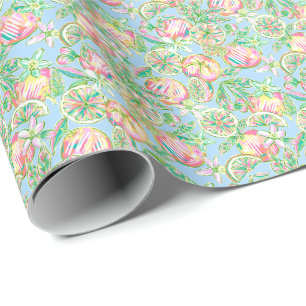 Papel De Presente Preppy Palm Beach Impressão Blue and Pink Orange