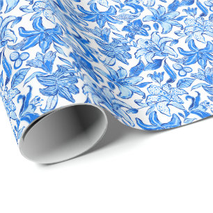 Papel De Presente Preppy Palm Beach Impressão Blue and White Flowers