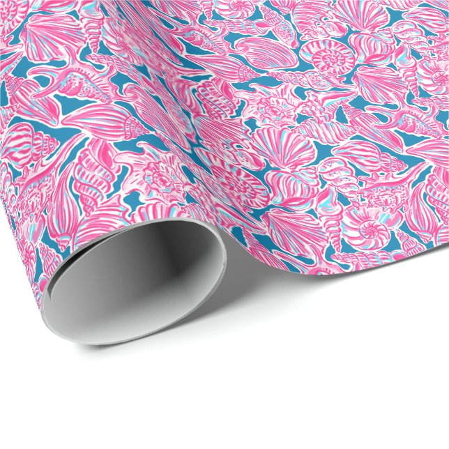 Papel De Presente Preppy Palm Beach Impressão rosa & Blue Seashells (Ponta do rolo)