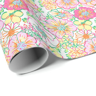 Papel De Presente Preppy Palm Beach Impressão rosa e flores amarelas