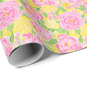 Papel De Presente Preppy Palm Beach Impressão rosa e flores amarelas