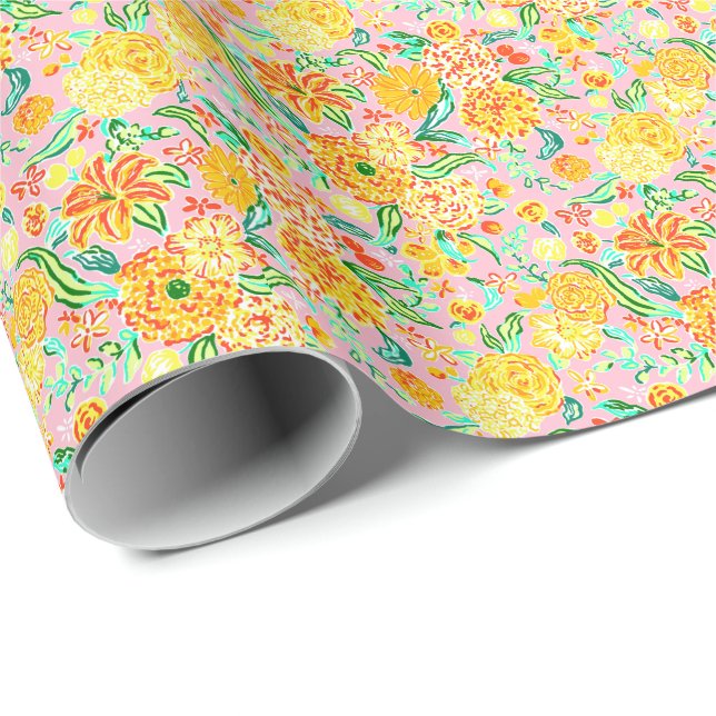 Papel De Presente Preppy Palm Beach Impressão rosa e flores amarelas (Ponta do rolo)