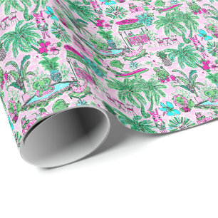 Papel De Presente Preppy Palm Beach Impressão rosa & Green Férias An